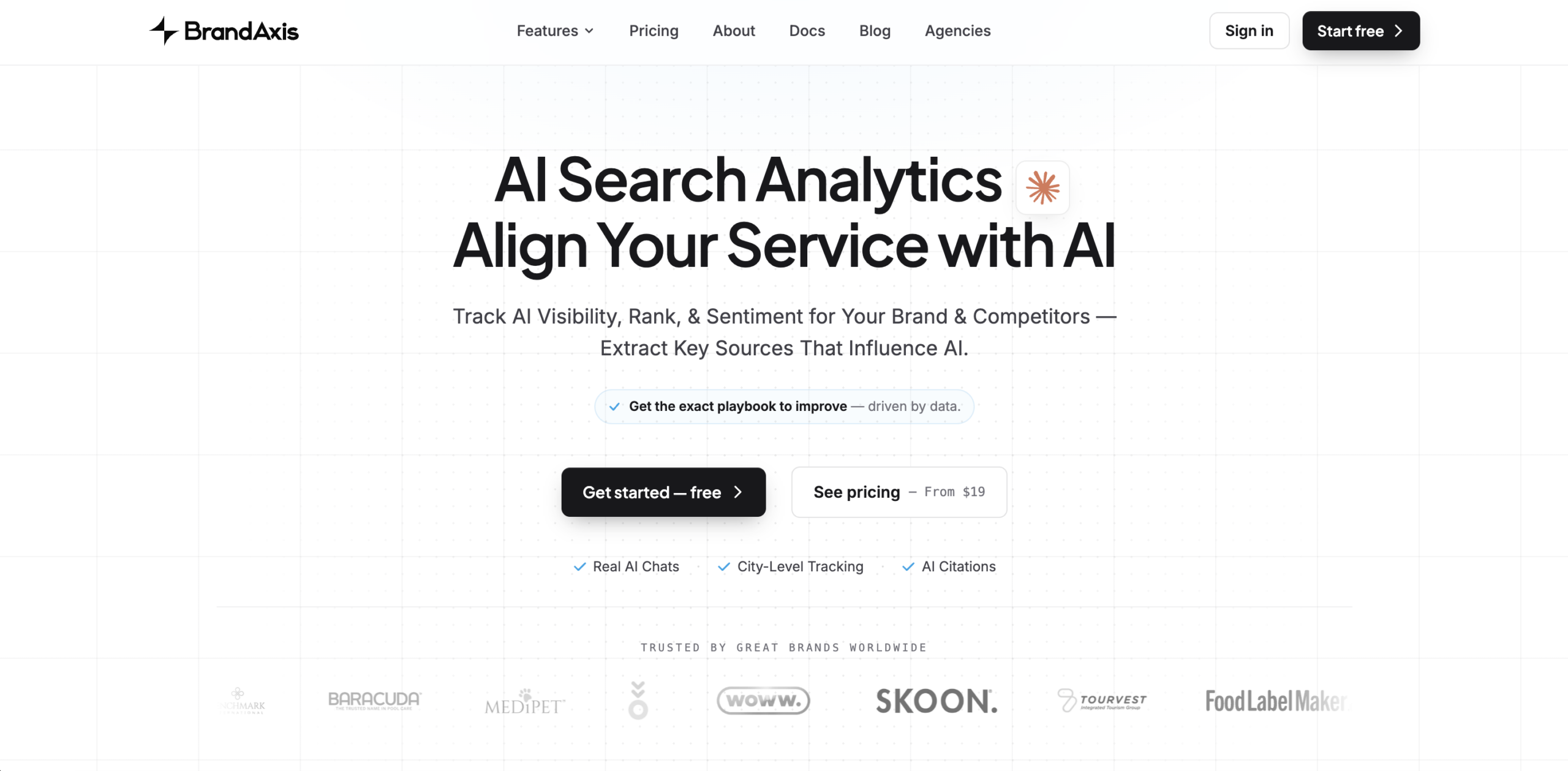 BrandAxis homepage showing AI Search Analytics and the Start free call to action